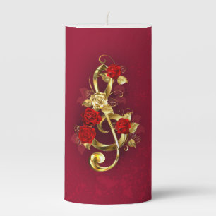 Golden Treble Clef with Rose Flowers Pillar Candle