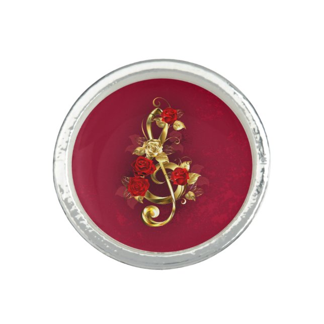 Golden Treble Clef with Rose Flowers Ring (Front)