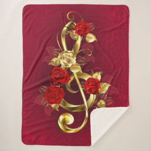 Golden Treble Clef with Rose Flowers Sherpa Blanket
