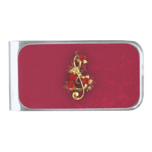 Golden Treble Clef with Rose Flowers Silver Finish Money Clip