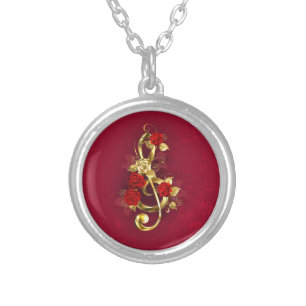 Golden Treble Clef with Rose Flowers Silver Plated Necklace