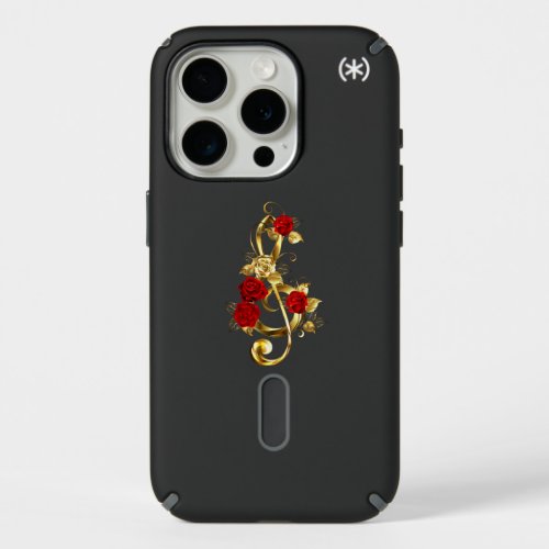 Golden Treble Clef with Rose Flowers iPhone 15 Pro Case