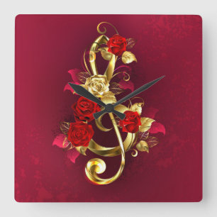 Golden Treble Clef with Rose Flowers Square Wall Clock