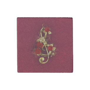 Golden Treble Clef with Rose Flowers Stone Magnet