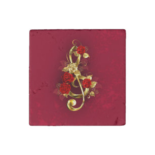 Golden Treble Clef with Rose Flowers Stone Magnet