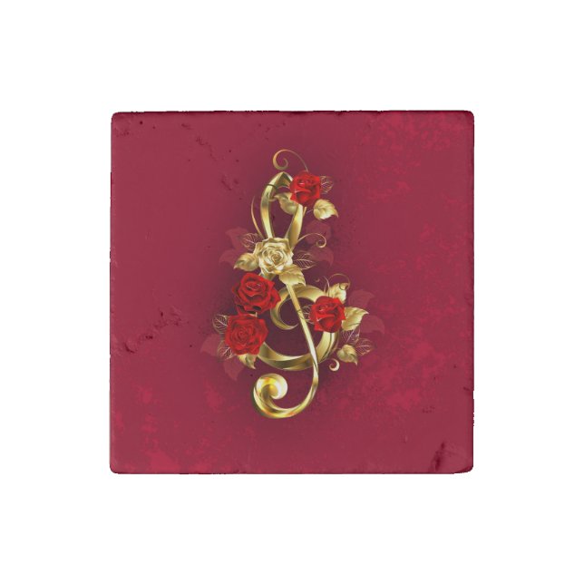 Golden Treble Clef with Rose Flowers Stone Magnet (Front)