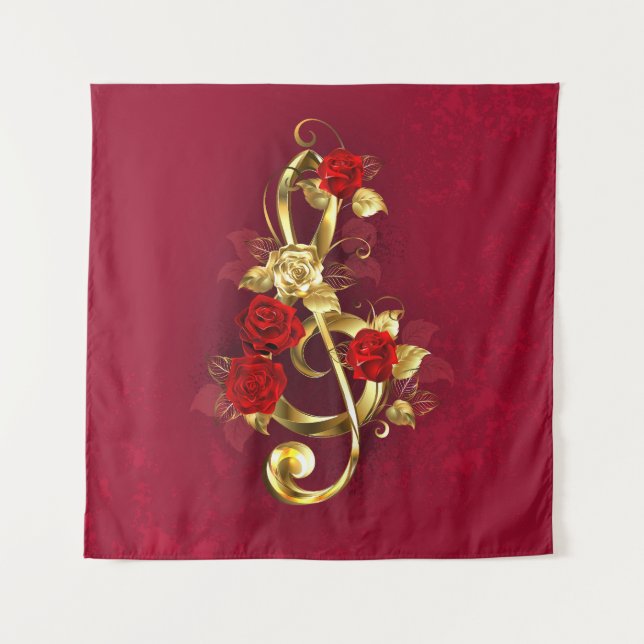 Golden Treble Clef with Rose Flowers Tapestry (Front)