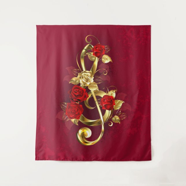 Golden Treble Clef with Rose Flowers Tapestry (Front)