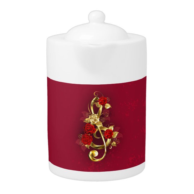 Golden Treble Clef with Rose Flowers Teapot (Front)