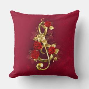 Golden Treble Clef with Rose Flowers Throw Pillow