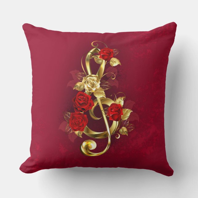 Golden Treble Clef with Rose Flowers Throw Pillow (Front)
