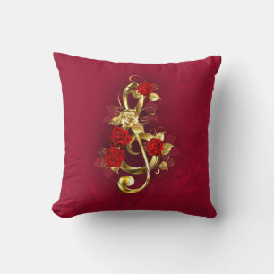 Golden Treble Clef with Rose Flowers Throw Pillow