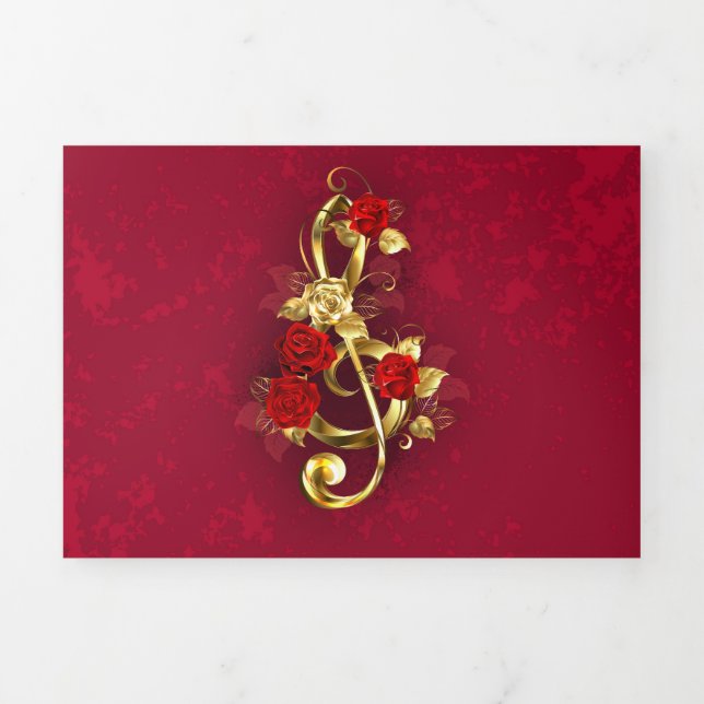 Golden Treble Clef with Rose Flowers Tri-Fold Holiday Card (Cover)