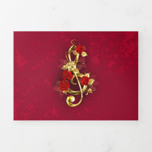 Golden Treble Clef with Rose Flowers Tri-Fold Program