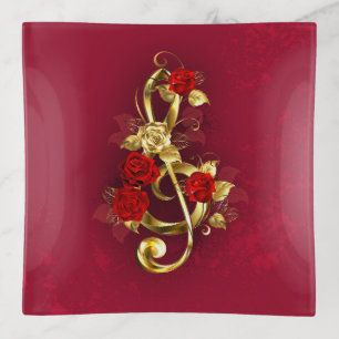 Golden Treble Clef with Rose Flowers Trinket Tray