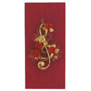 Golden Treble Clef with Rose Flowers Wood Flash Drive