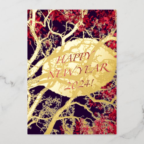 Golden Tree and leave _ happy new year 2024 Foil Invitation