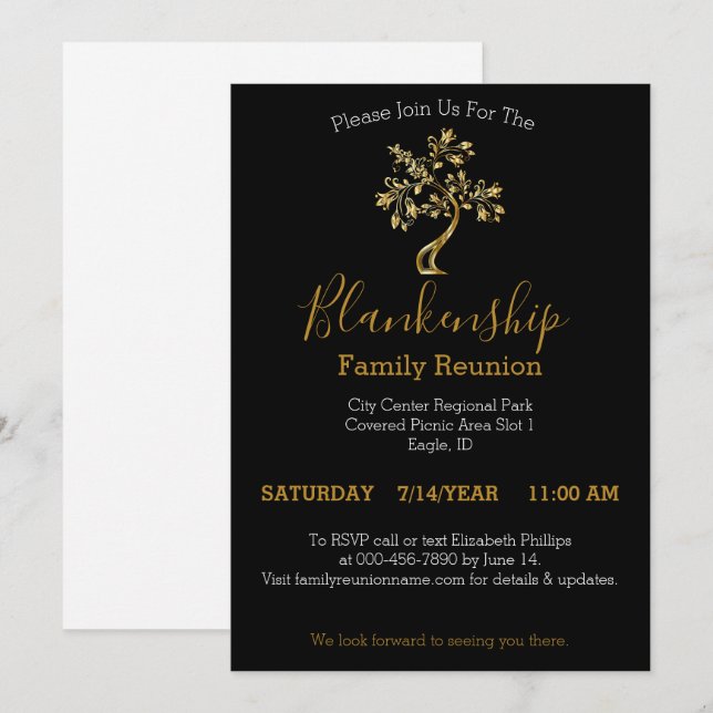 Golden Tree Black White One Day Family Reunion  Invitation (Front/Back)