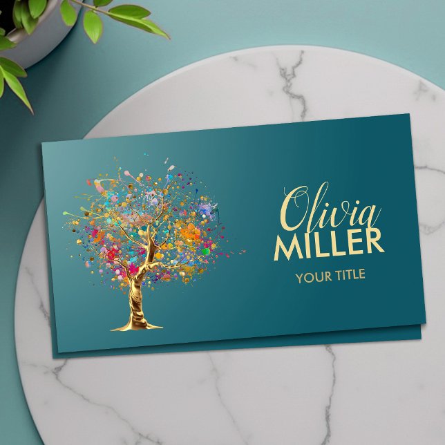 Golden Tree - Colorful Splatter on Ming Green Business Card (Creator Uploaded)