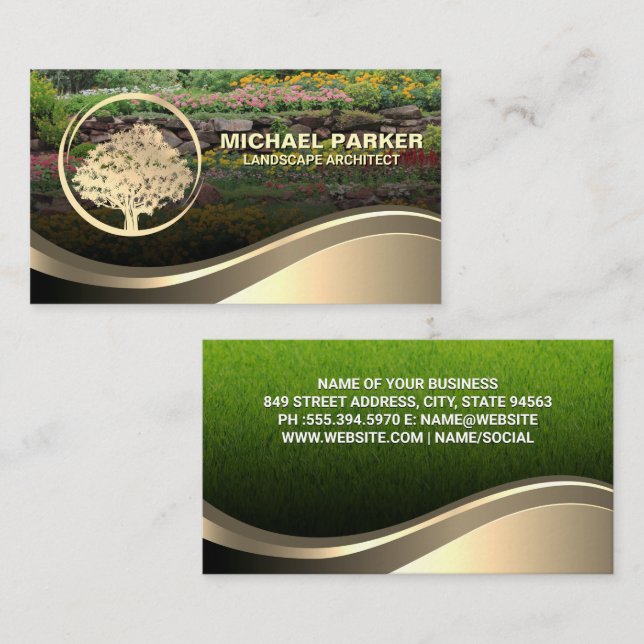 Golden Tree Logo | Grass Flower Garden Business Card (Front/Back)