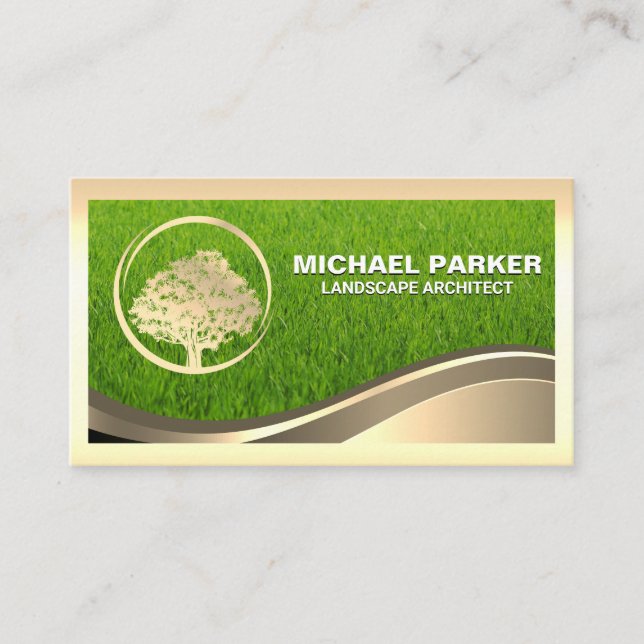 Golden Tree Logo | Grass | Gold Frame Business Card (Front)