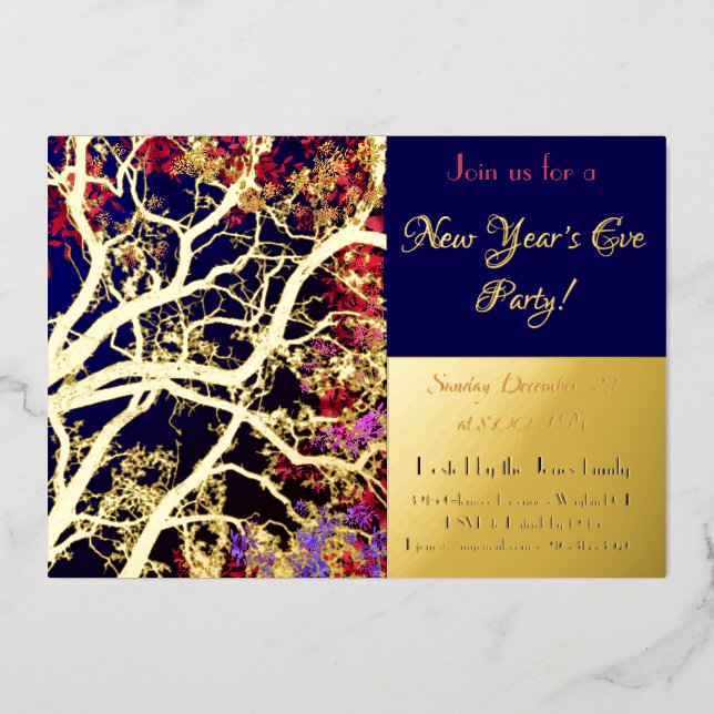 Golden Tree multicolor leaves / new year party Foil Invitation (Front)