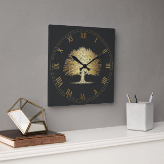 Golden Tree of Life (Oak Tree) Square Wall Clock