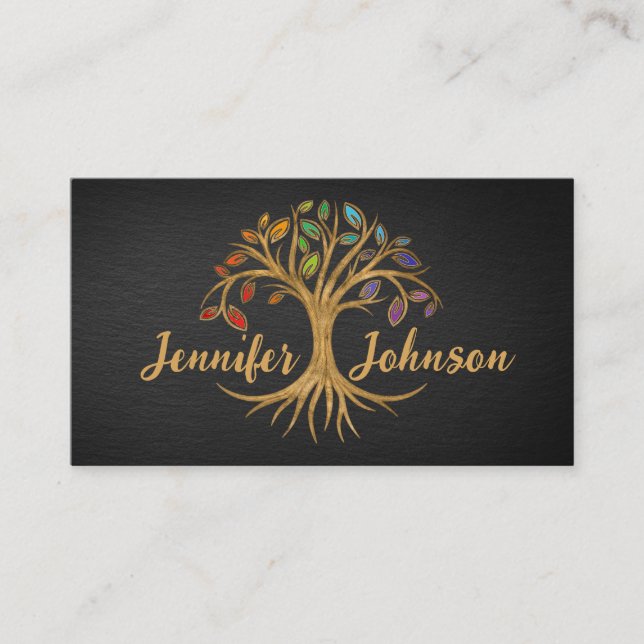 Golden Tree of life - Rainbow Chakra leaves Business Card (Front)