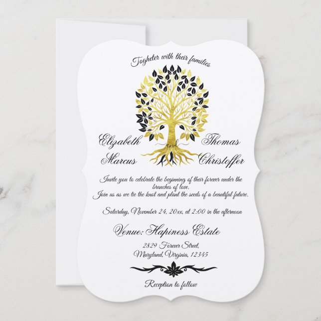 Golden Tree of Life Timeless Sophisticated Wedding Invitation (Front)