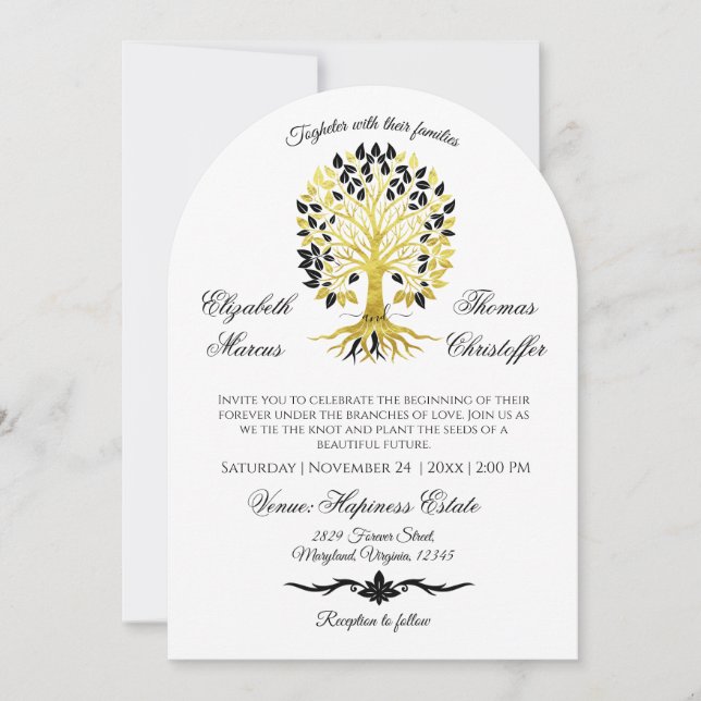 Golden Tree of Life Timeless Sophisticated Wedding Invitation (Front)
