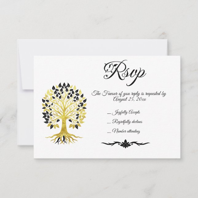 Golden Tree of Life Timeless Sophisticated Wedding RSVP Card (Front)