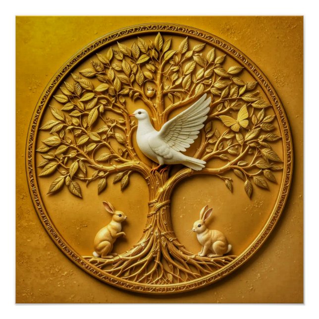 Golden Tree of Life with Dove and Bunnies Poster (Front)