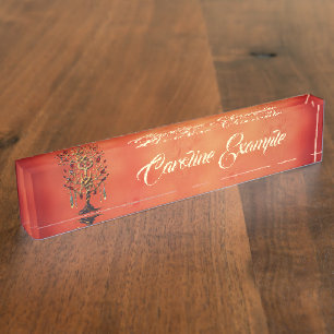 Golden Tree of Life with Red Gemstones Desk Name Plate