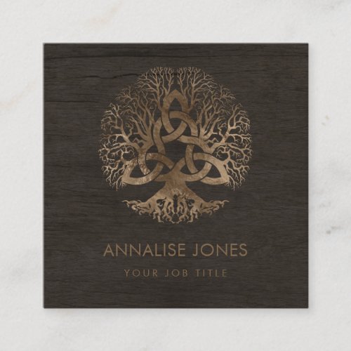 Golden Tree of life with Triquetra on wood Square Business Card