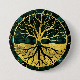Golden Tree of Life Yggdrasil on Malachite Button