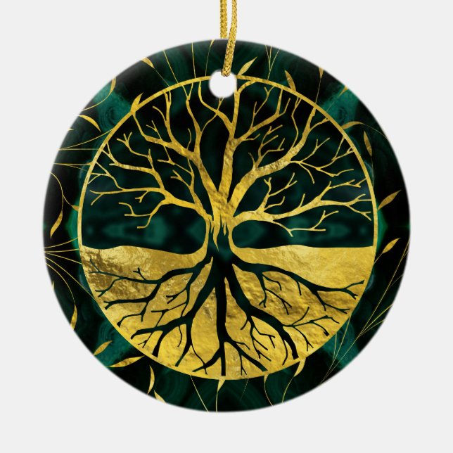 Golden Tree of Life Yggdrasil on Malachite Ceramic Ornament (Front)