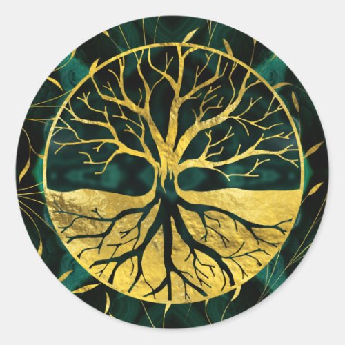 Golden Tree of Life Yggdrasil on Malachite Classic Round Sticker