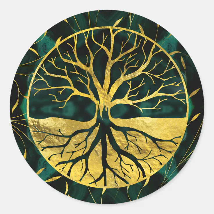 Golden Tree Of Life Yggdrasil On Malachite Classic Round Sticker Zazzle 8727