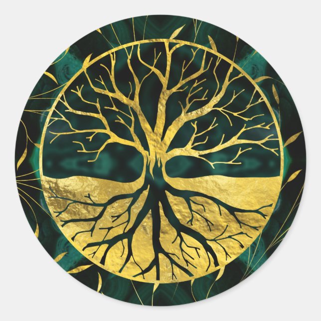 Golden Tree of Life Yggdrasil on Malachite Classic Round Sticker (Front)