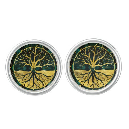 Golden Tree of Life Yggdrasil on Malachite Cufflinks