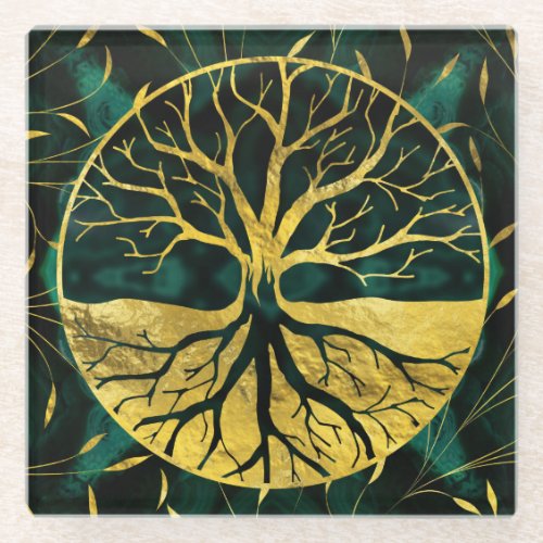 Golden Tree of Life Yggdrasil on Malachite Glass Coaster