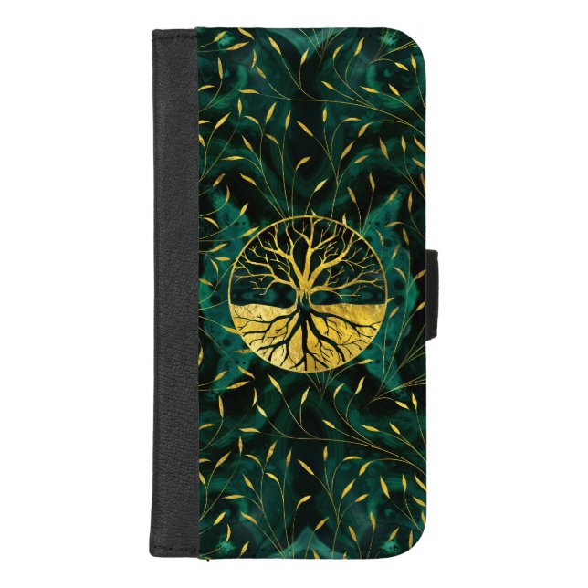 Golden Tree of Life Yggdrasil on Malachite iPhone Wallet Case (Front)