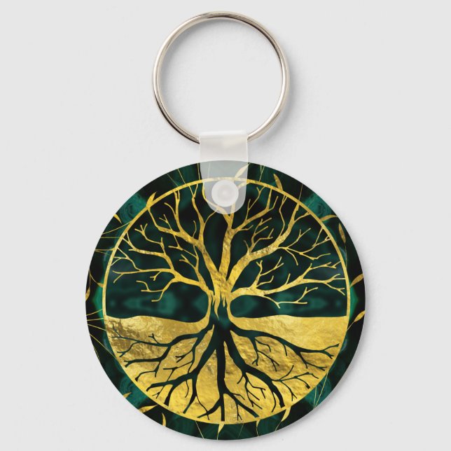 Golden Tree of Life Yggdrasil on Malachite Keychain (Front)