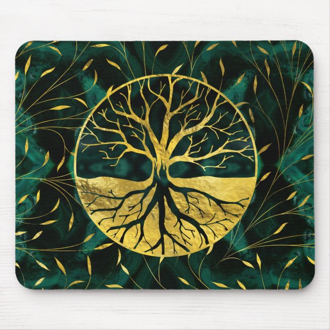 Golden Tree of Life Yggdrasil on Malachite Mouse Pad (Front)