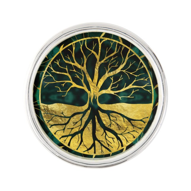 Golden Tree of Life Yggdrasil on Malachite Pin (Front)