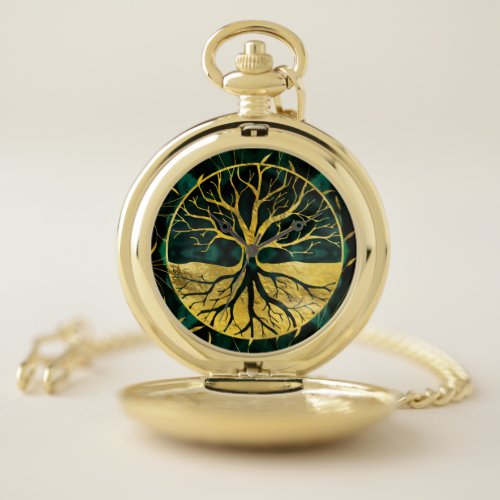 Golden Tree of Life Yggdrasil on Malachite Pocket Watch