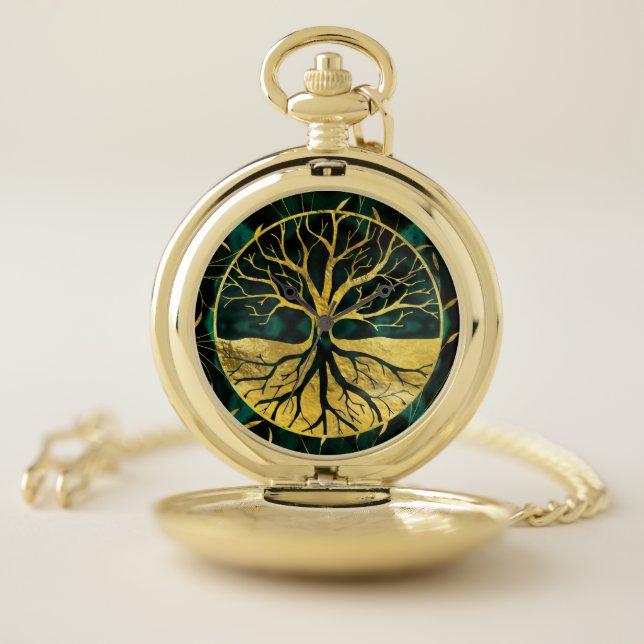 Golden Tree of Life Yggdrasil on Malachite Pocket Watch (Inside)