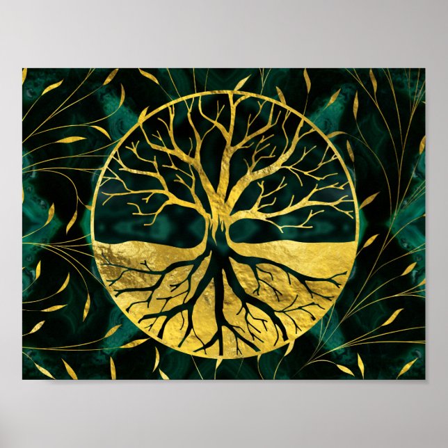 Golden Tree of Life Yggdrasil on Malachite Poster (Front)