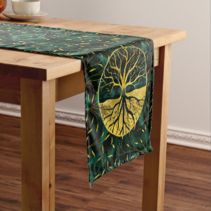Golden Tree of Life Yggdrasil on Malachite Short Table Runner