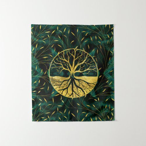 Golden Tree of Life Yggdrasil on Malachite Tapestry